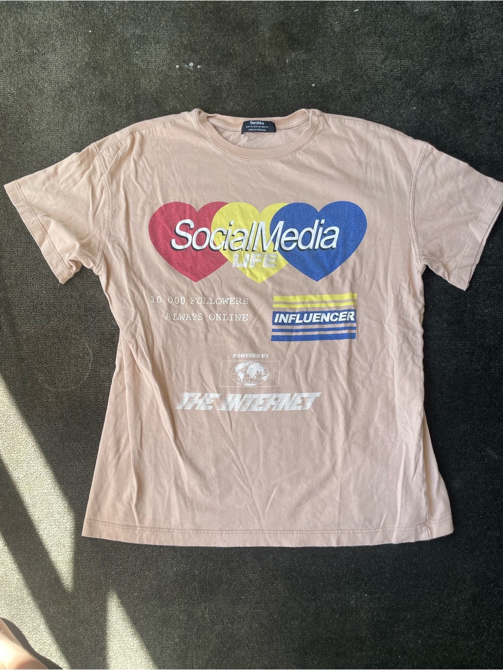 Bershka Pink 'Social Media' Graphic Tee with Red Yellow Blue Hearts